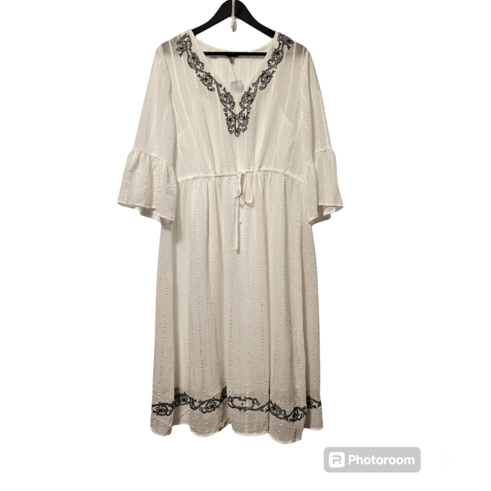 TRISTAN  white embroided sheer peasant dress bell sleeves sz Large NWT bohemian